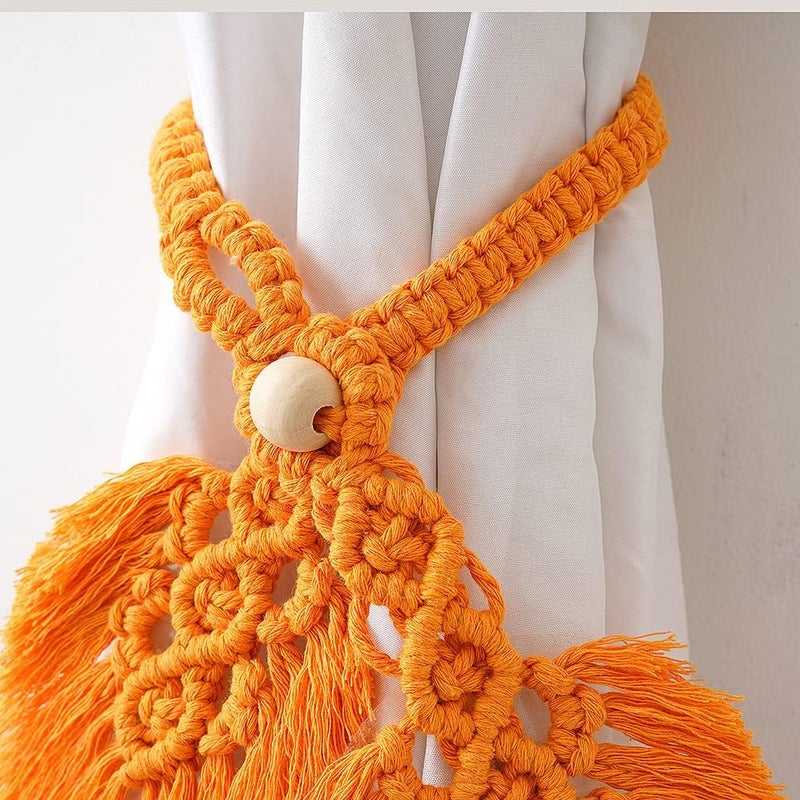 Sunkaioo 2 Pack Boho Curtain Tiebacks,Hand Knitting Cotton Curtain Holdbacks with Adjustable Natural Wooden Bead,Double Leaves Farmhouse Theme Curtain Tie Backs, for Indoor Outdoor Drapes Decorative,(Orange) - Image 3